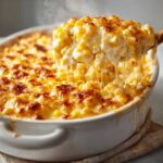 A spoonful of creamy baked parmesan corn being lifted from a casserole dish, showing melted, stringy cheese.