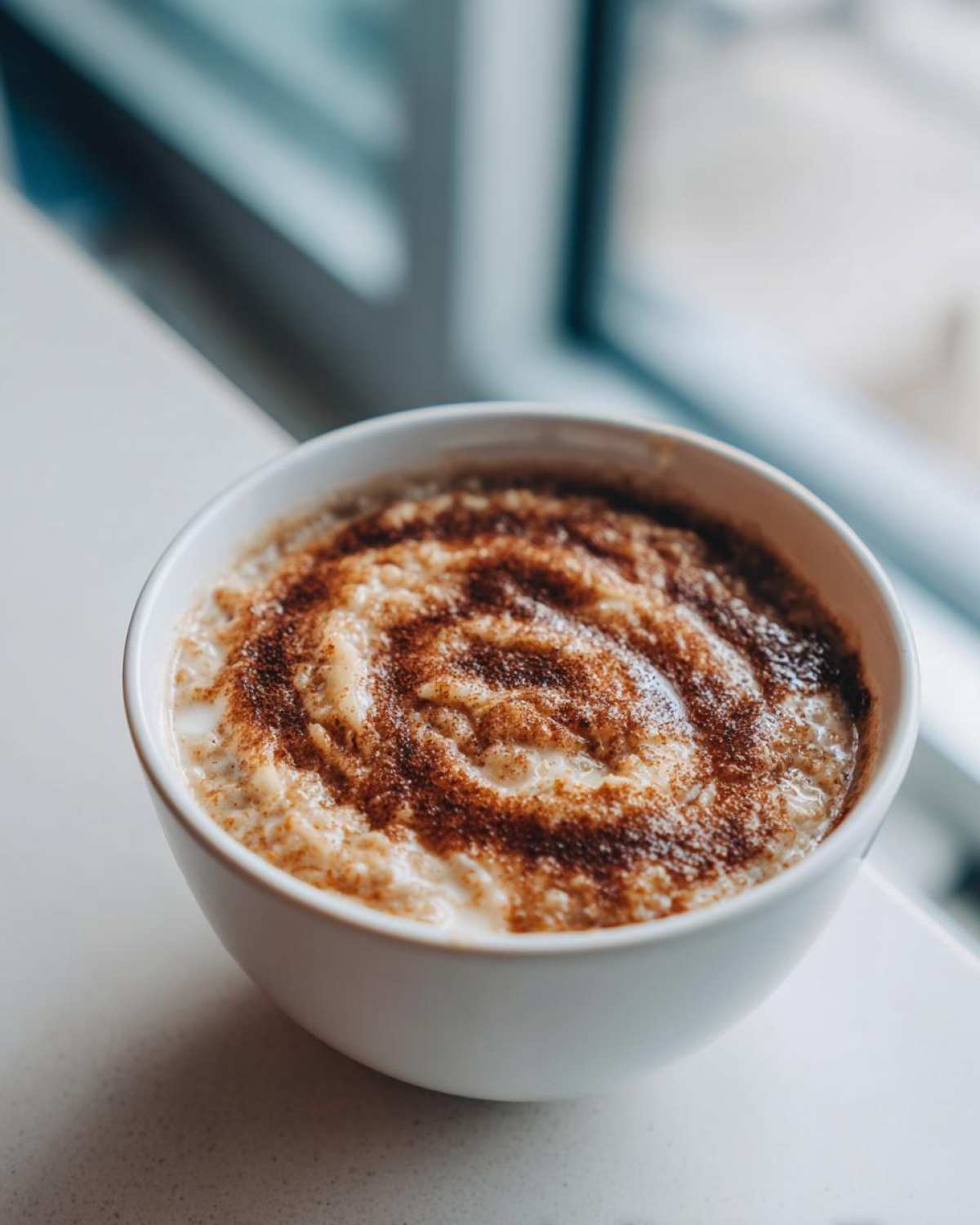 Close-up of warm banana oatmeal in a white bowl, topped with a decorative cinnamon swirl.