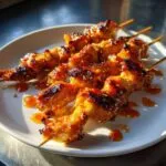 Close-up of delicious Bang Bang chicken skewers glazed with sauce and sprinkled with sesame seeds.