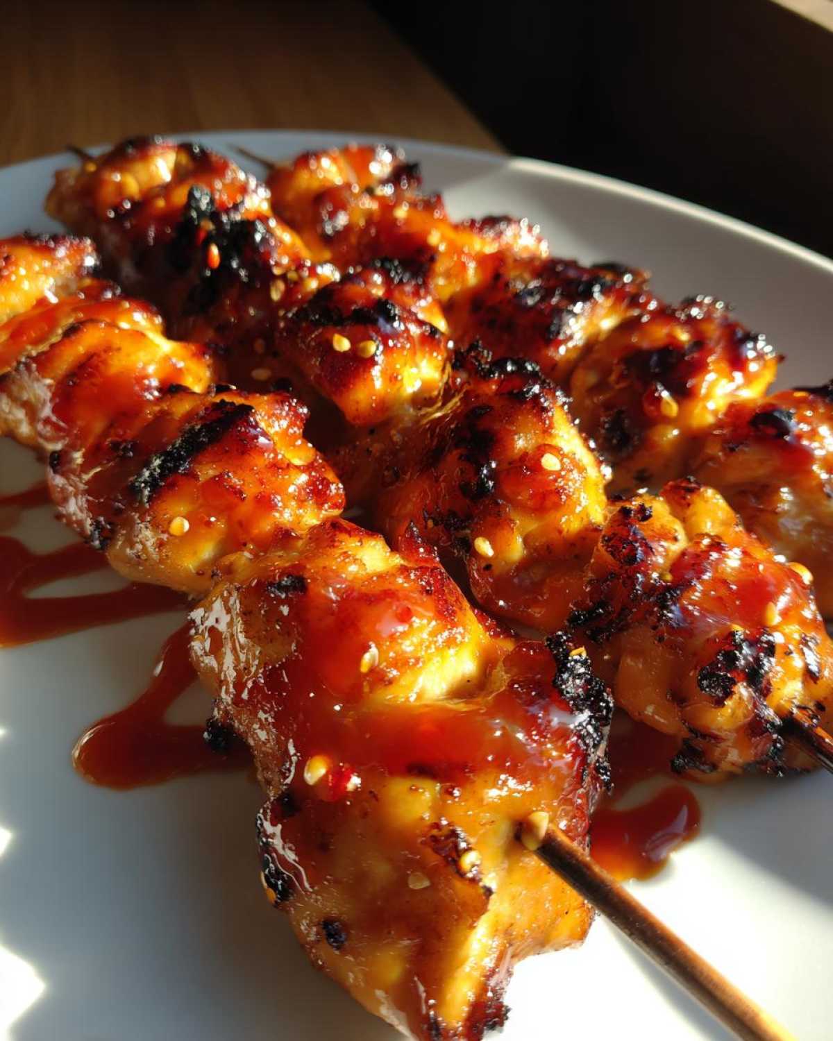 Close-up of several juicy Bang Bang chicken skewers coated in a glossy, spicy glaze, with sesame seeds.