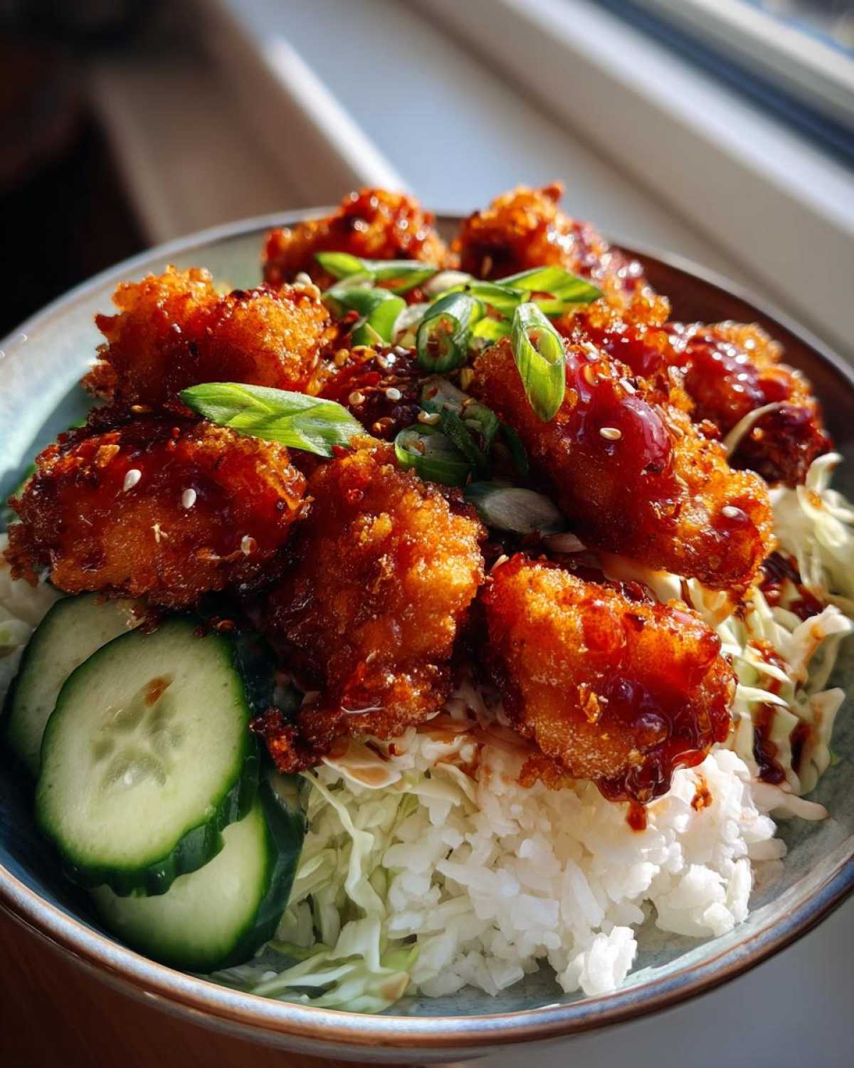 Close-up of Bang Bang Salmon Bowls featuring crispy salmon bites, white rice, shredded cabbage, and cucumber slices.