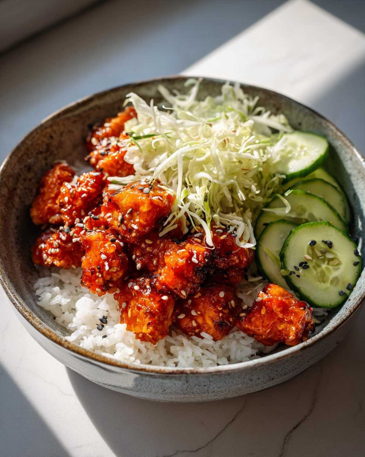 A close-up of a Bang Bang Salmon Bowl featuring glazed salmon pieces over rice, with shredded cabbage and cucumber slices.
