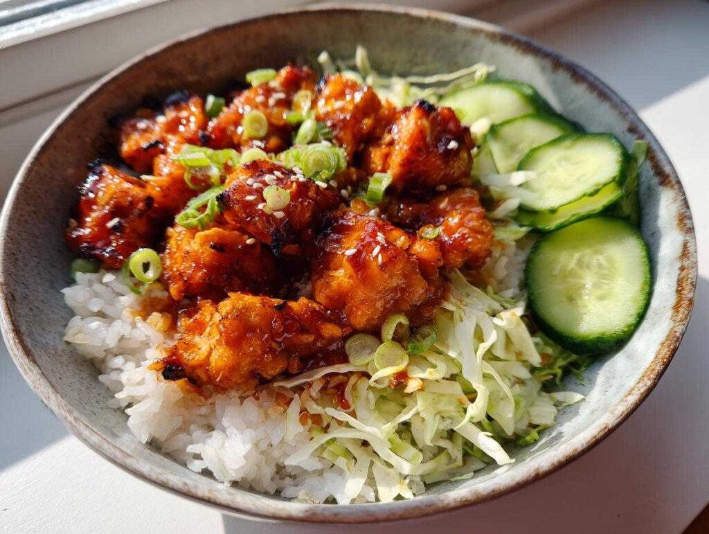 A close-up of a Bang Bang Salmon Bowl featuring glazed salmon pieces over rice, shredded cabbage, and cucumber slices, garnished with sesame seeds and green onions.