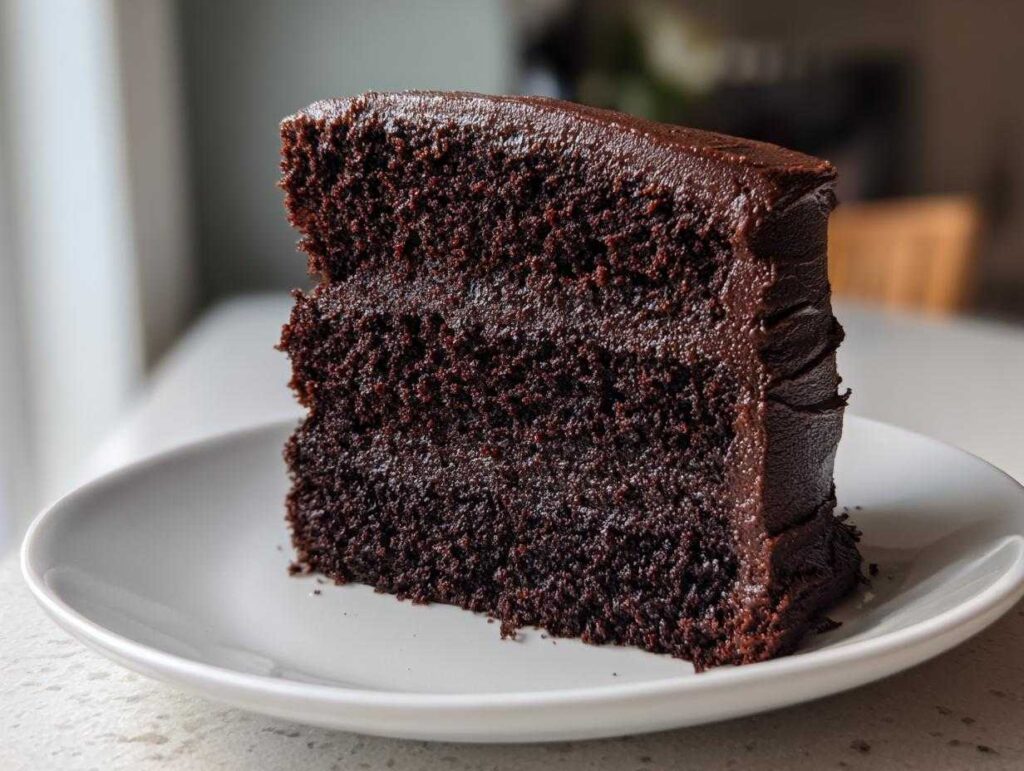 A decadent slice of moist black velvet halloween cake with rich chocolate frosting on a white plate.