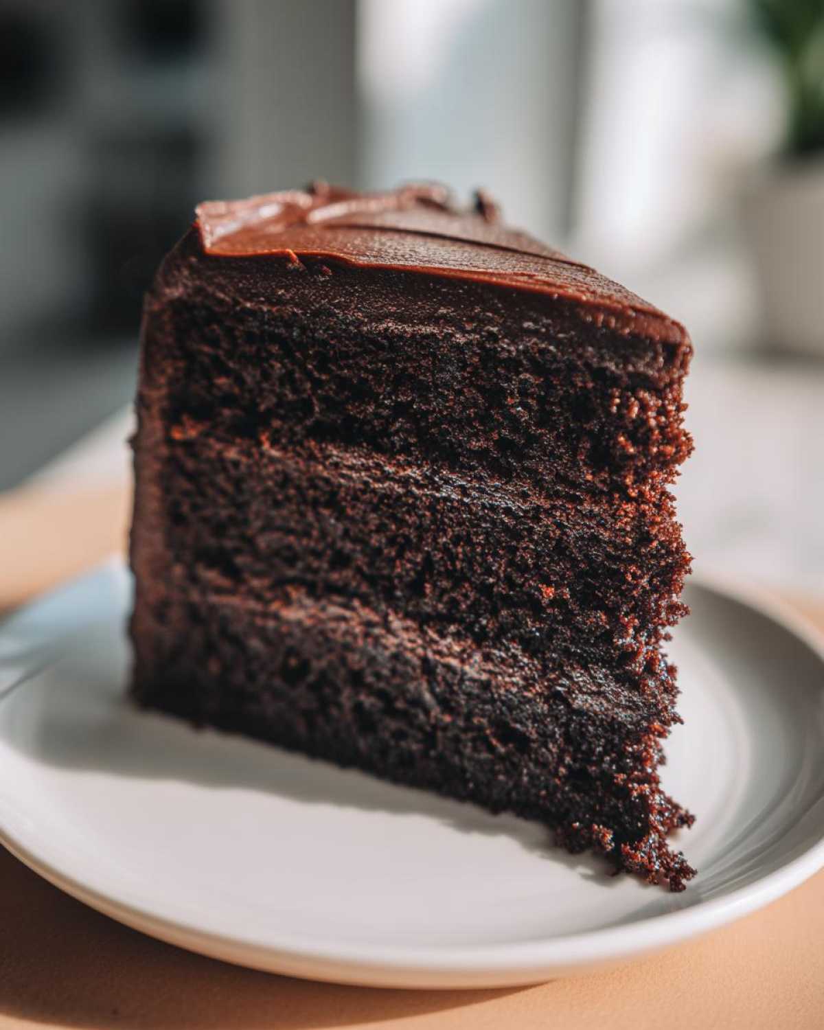 A rich slice of black velvet halloween cake with dark chocolate frosting on a white plate.