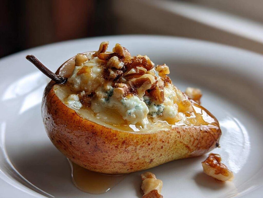 A close-up of a baked pear half filled with creamy blue cheese and topped with chopped walnuts and a drizzle of honey.