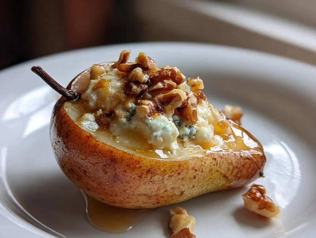 A close-up of a baked pear half filled with creamy blue cheese and topped with chopped walnuts and a drizzle of honey.