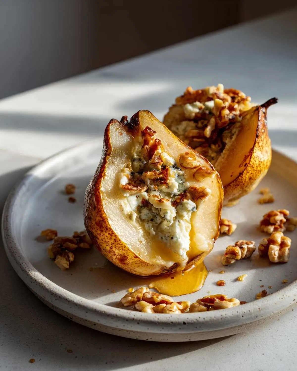 Close-up of two baked blue cheese stuffed pears, drizzled with honey and topped with walnuts.