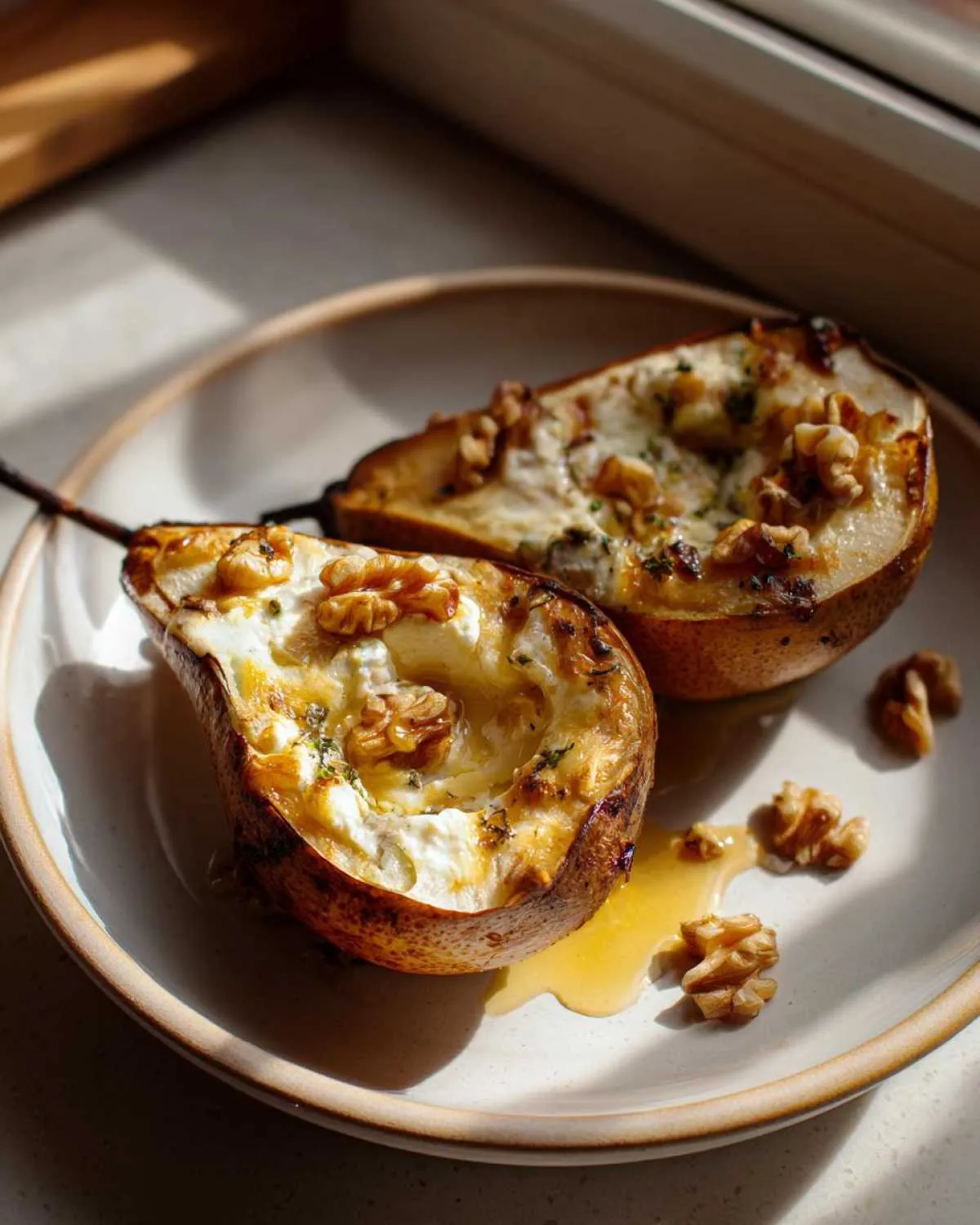 Close-up of two halves of baked Blue Cheese Stuffed Pears, filled with creamy cheese and walnuts, drizzled with honey.
