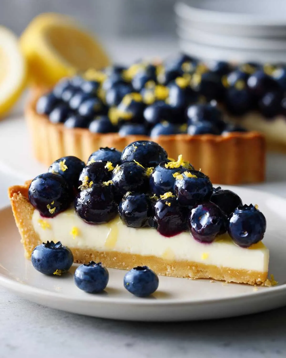 A slice of blueberry mascarpone tart topped with fresh blueberries and lemon zest, with a whole tart in the background.