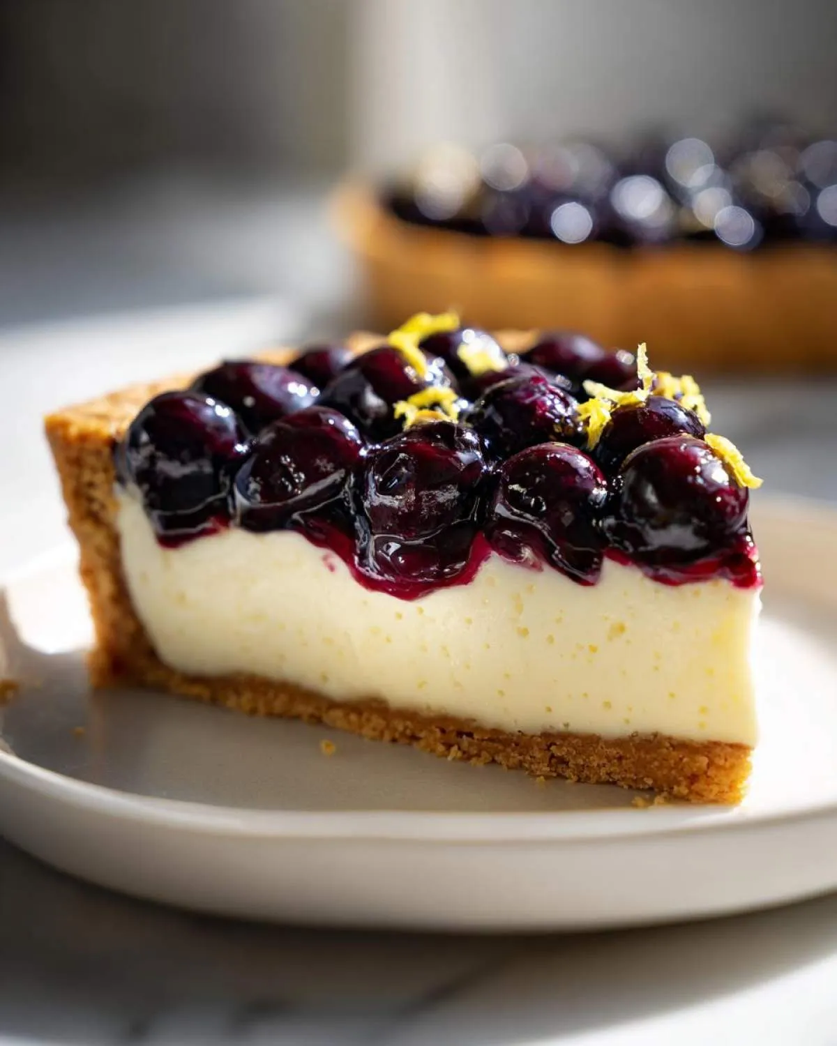 A slice of blueberry mascarpone tart with a graham cracker crust, topped with fresh blueberries and lemon zest.