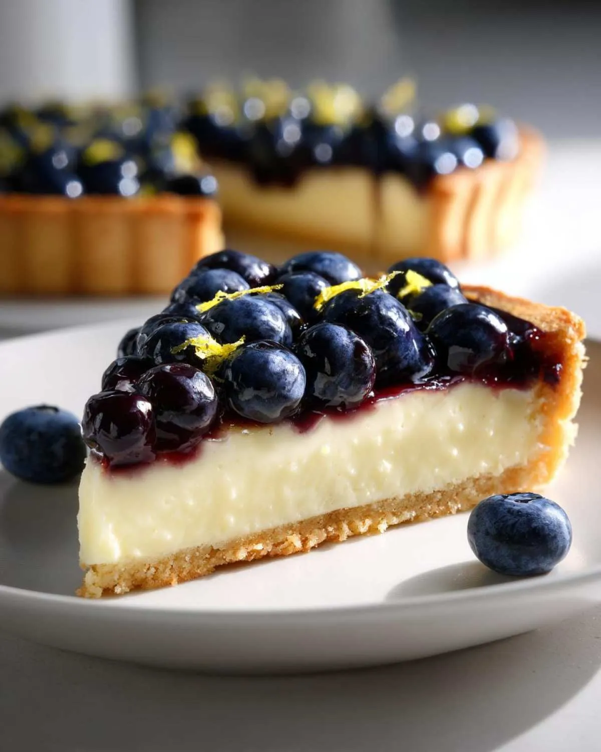 A slice of blueberry mascarpone tart topped with fresh blueberries and lemon zest, with whole blueberries on the side.