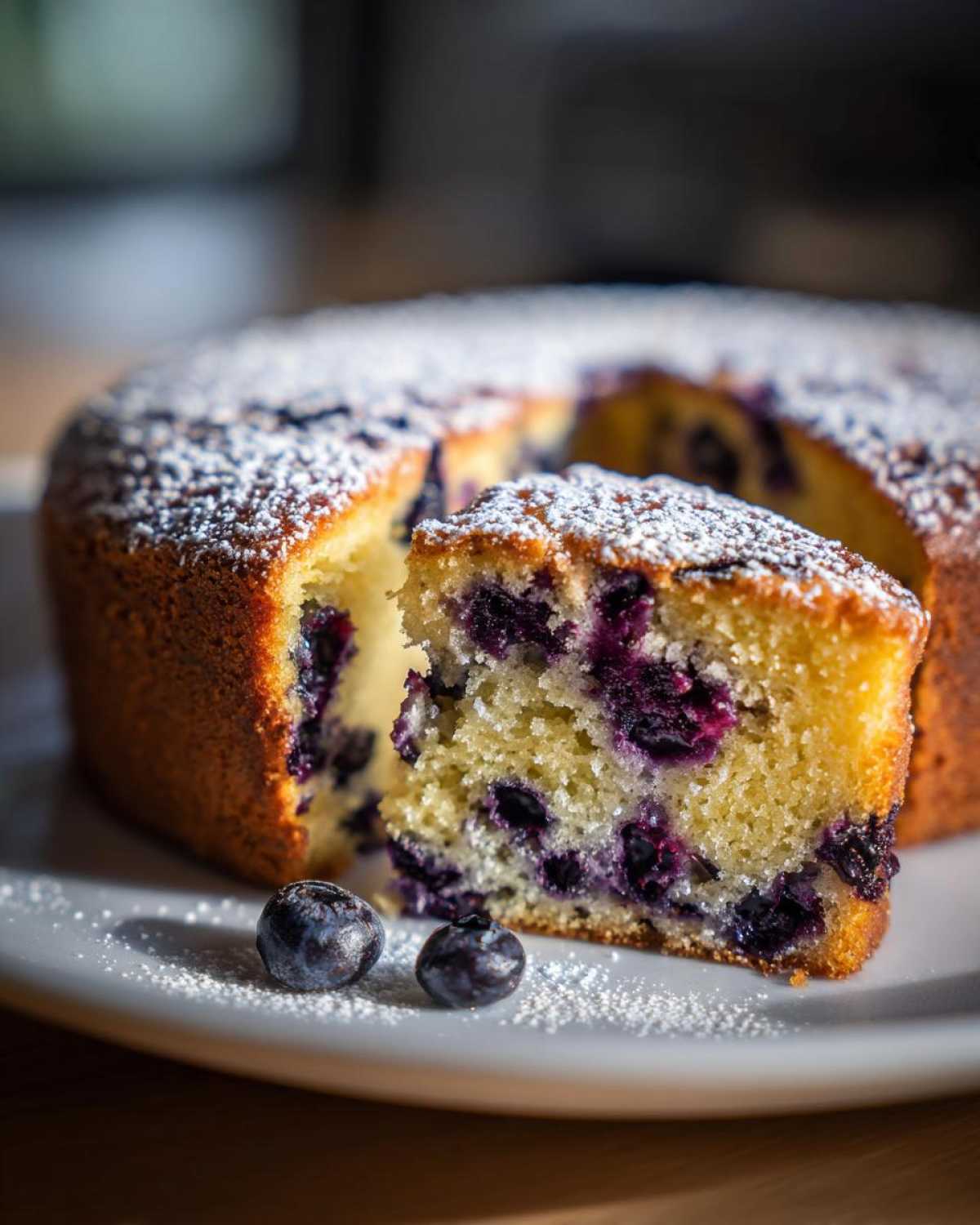 A slice of moist blueberry orange olive oil cake dusted with powdered sugar, with fresh blueberries on the side.