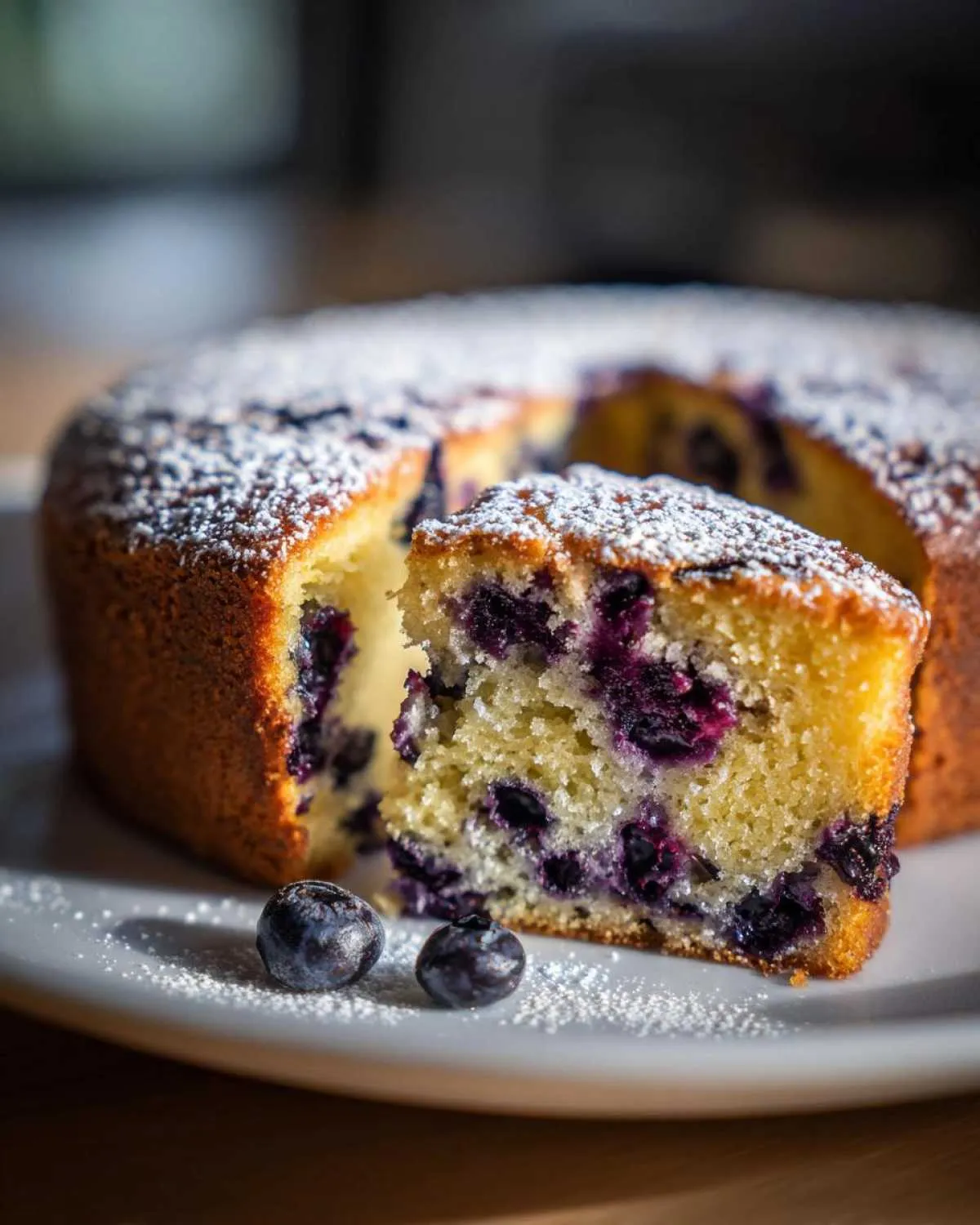 A slice of moist blueberry orange olive oil cake dusted with powdered sugar, with fresh blueberries on the side.