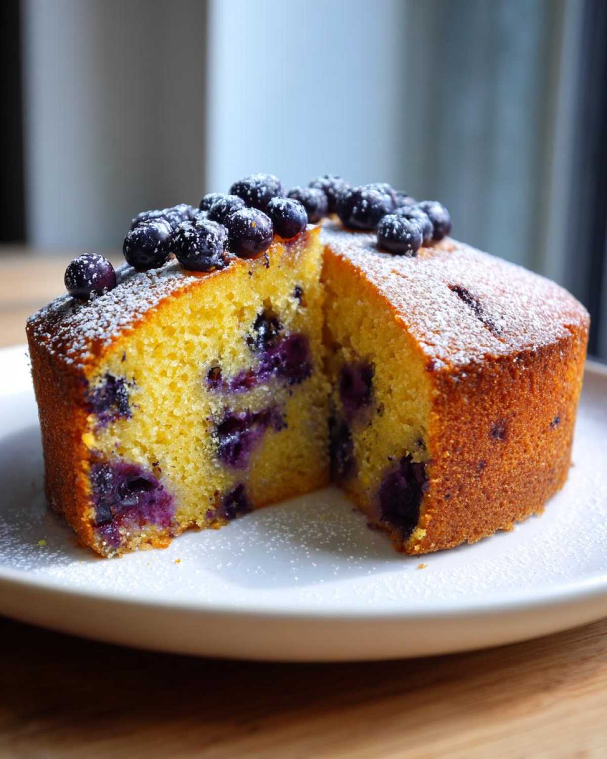 A slice of moist blueberry orange olive oil cake, dusted with powdered sugar and topped with fresh blueberries.