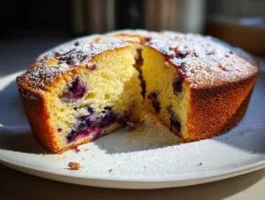A slice of moist blueberry orange olive oil cake dusted with powdered sugar, showing plump blueberries within.