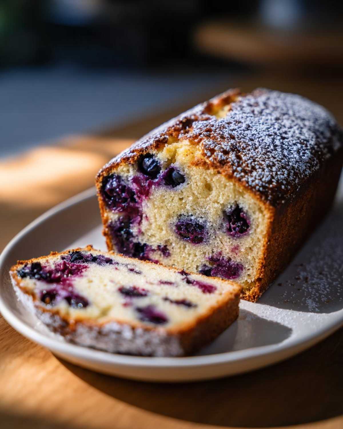 A slice of moist blueberry orange olive oil cake dusted with powdered sugar on a white plate.