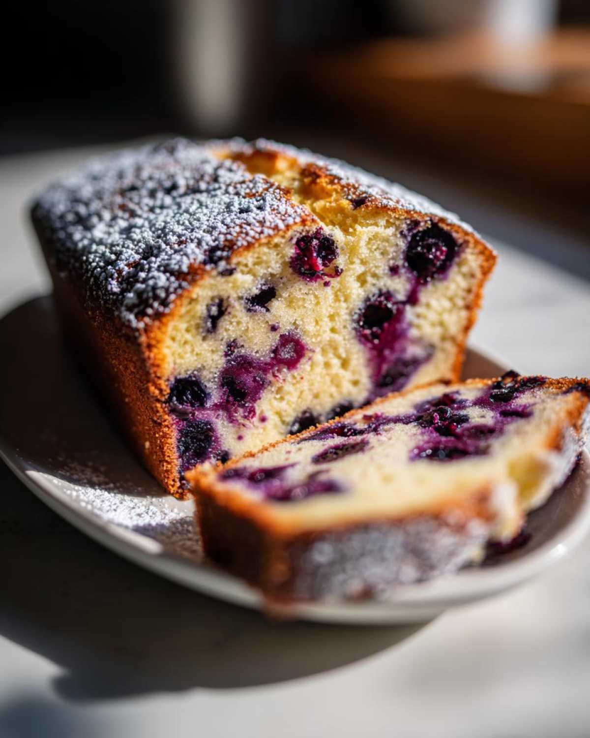 A slice of moist blueberry orange olive oil cake dusted with powdered sugar, showing plump blueberries throughout.