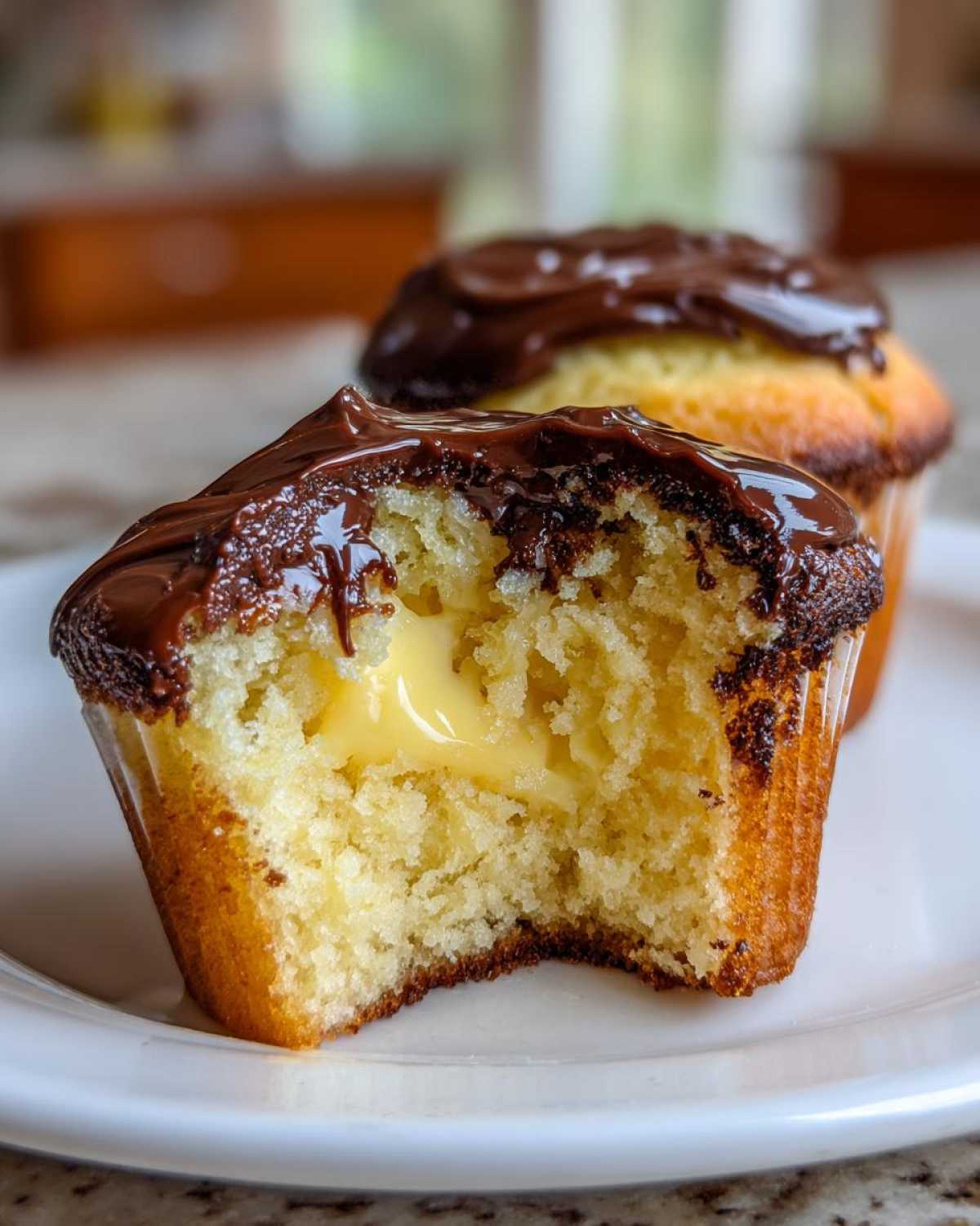 Close-up of a boston cream pie cupcakes with a bite taken out, showing the vanilla cake and rich pastry cream center.
