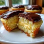 A boston cream pie cupcake cut in half showing vanilla cake, pastry cream filling, and chocolate ganache topping.
