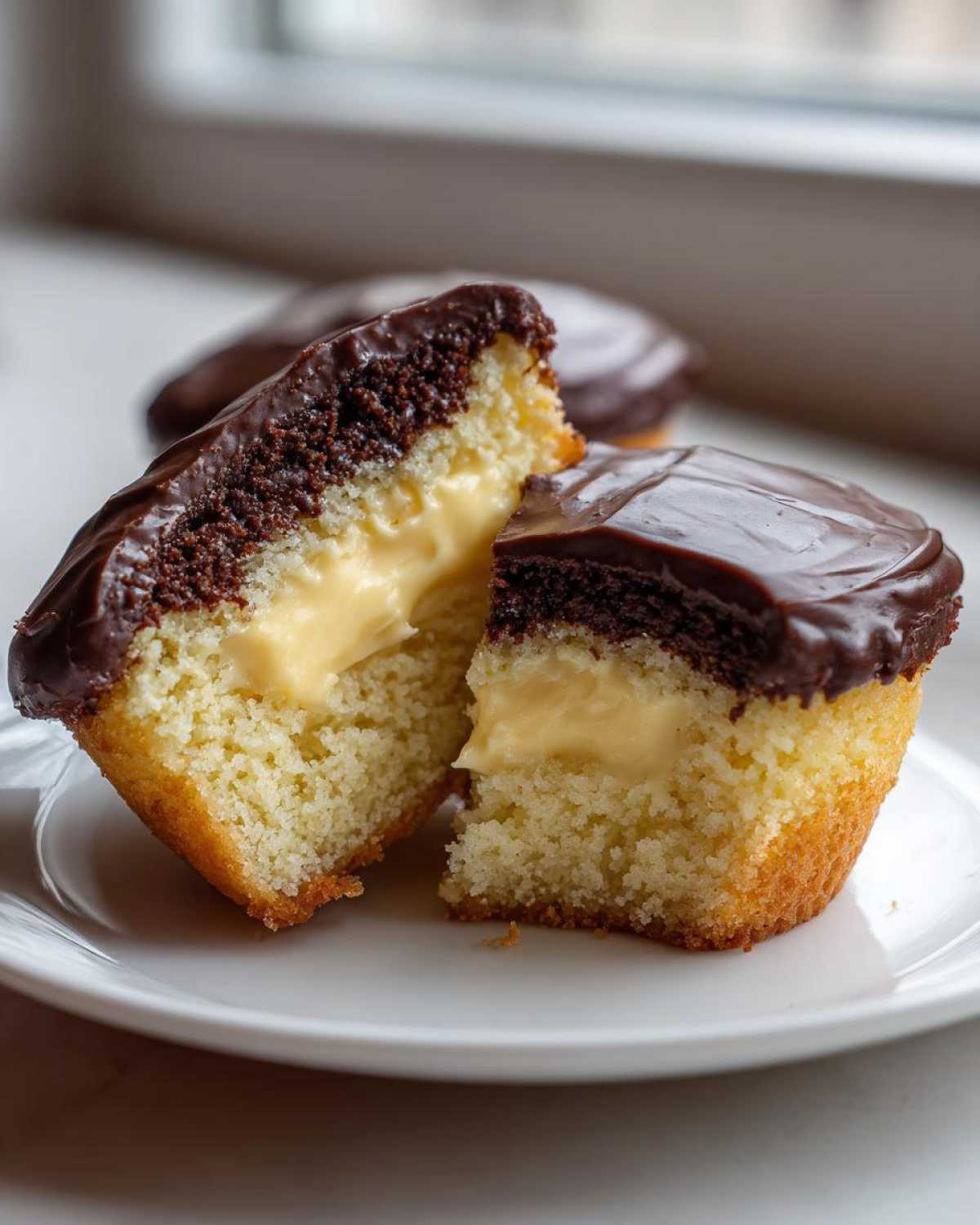 A boston cream pie cupcakes cut in half showing vanilla cake, creamy custard filling, and chocolate ganache topping.