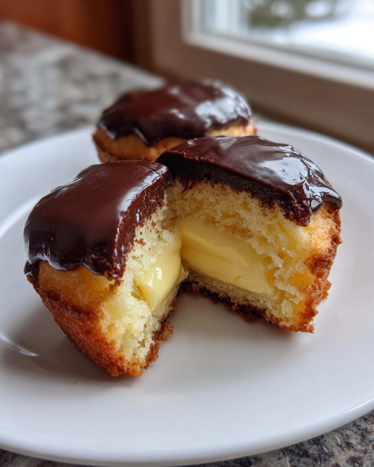 Close-up of a boston cream pie cupcake cut in half showing rich vanilla custard filling and chocolate glaze.