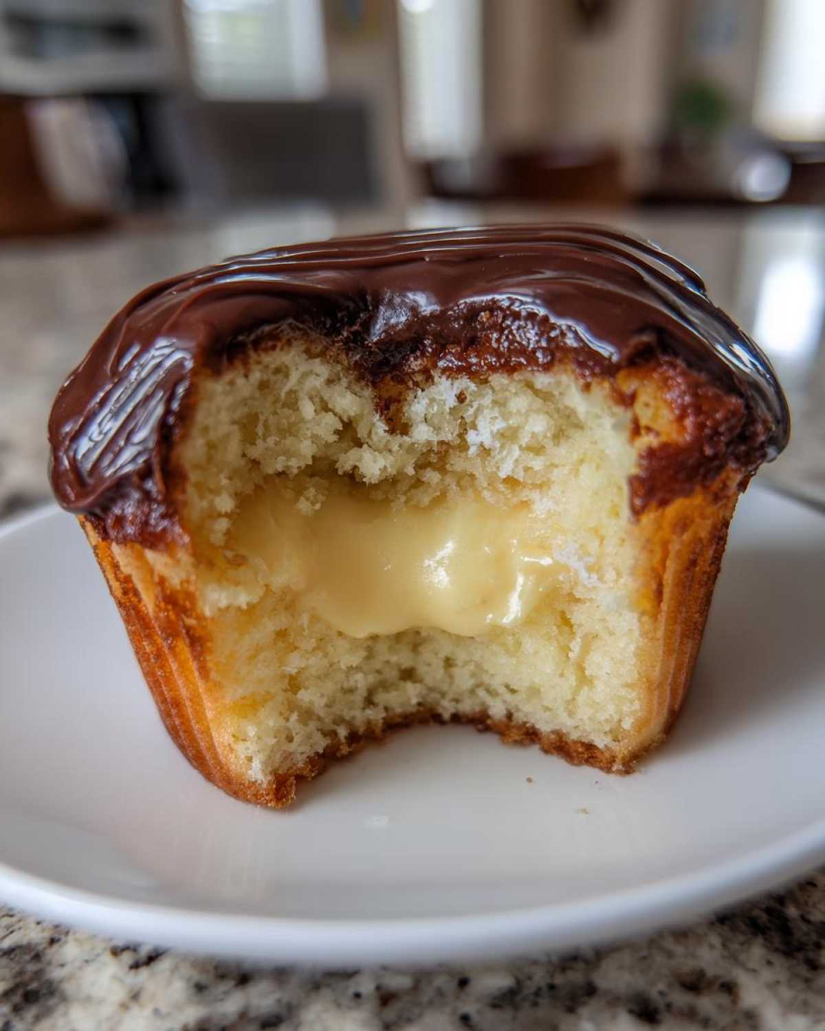 A close-up of a boston cream pie cupcake with a bite taken out, revealing vanilla pastry cream filling and chocolate ganache topping.