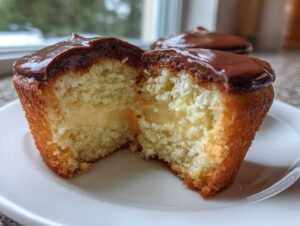 A boston cream pie cupcake cut in half revealing vanilla pastry cream filling, topped with chocolate ganache.