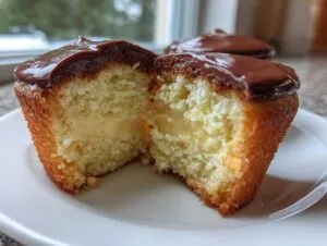 A boston cream pie cupcake cut in half revealing vanilla pastry cream filling, topped with chocolate ganache.