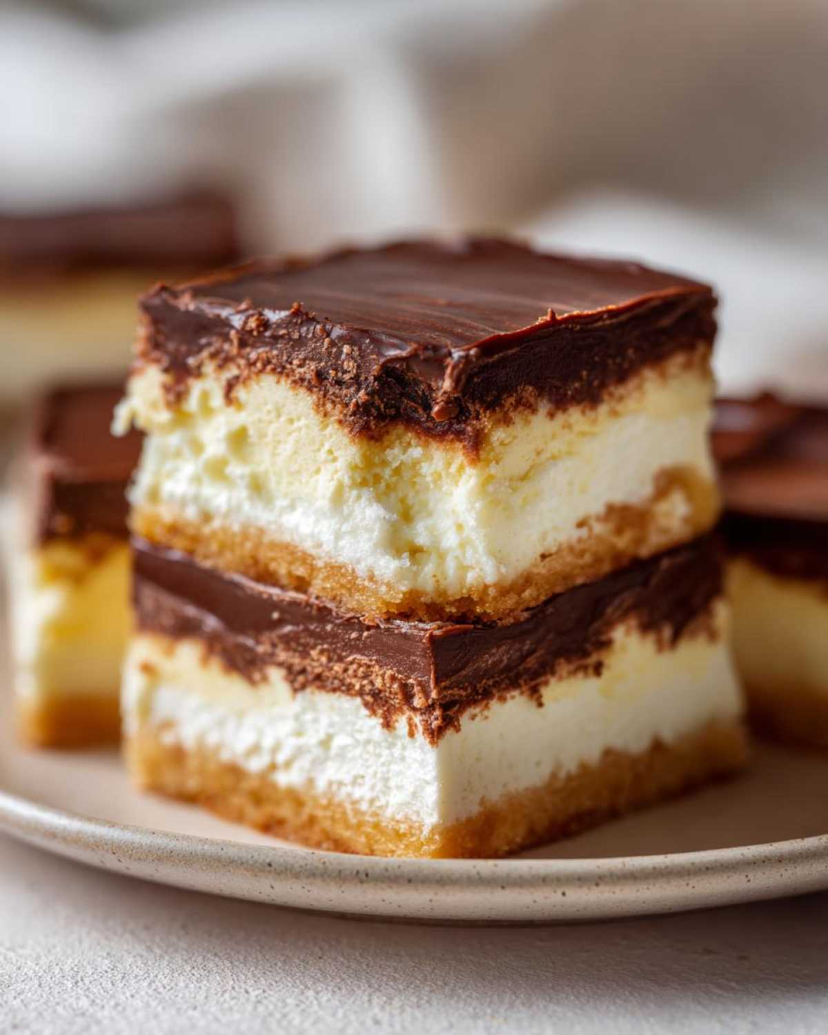 Close-up of stacked Boston Cream Pie Fudge slices, showcasing layers of chocolate ganache, creamy filling, and a cookie crust.