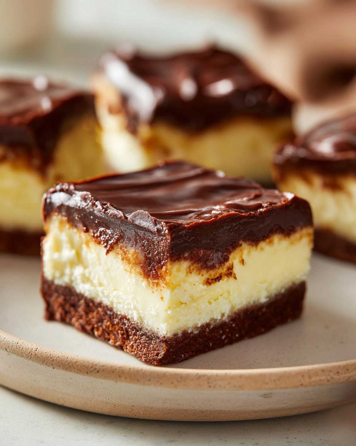 Close-up of a rich Boston Cream Pie Fudge square with three distinct layers: chocolate crust, creamy filling, and chocolate ganache topping.