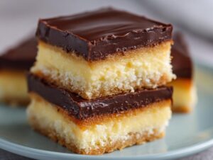Close-up of stacked Boston Cream Pie Fudge bars, showing the three distinct layers: chocolate ganache, creamy filling, and cookie crust.