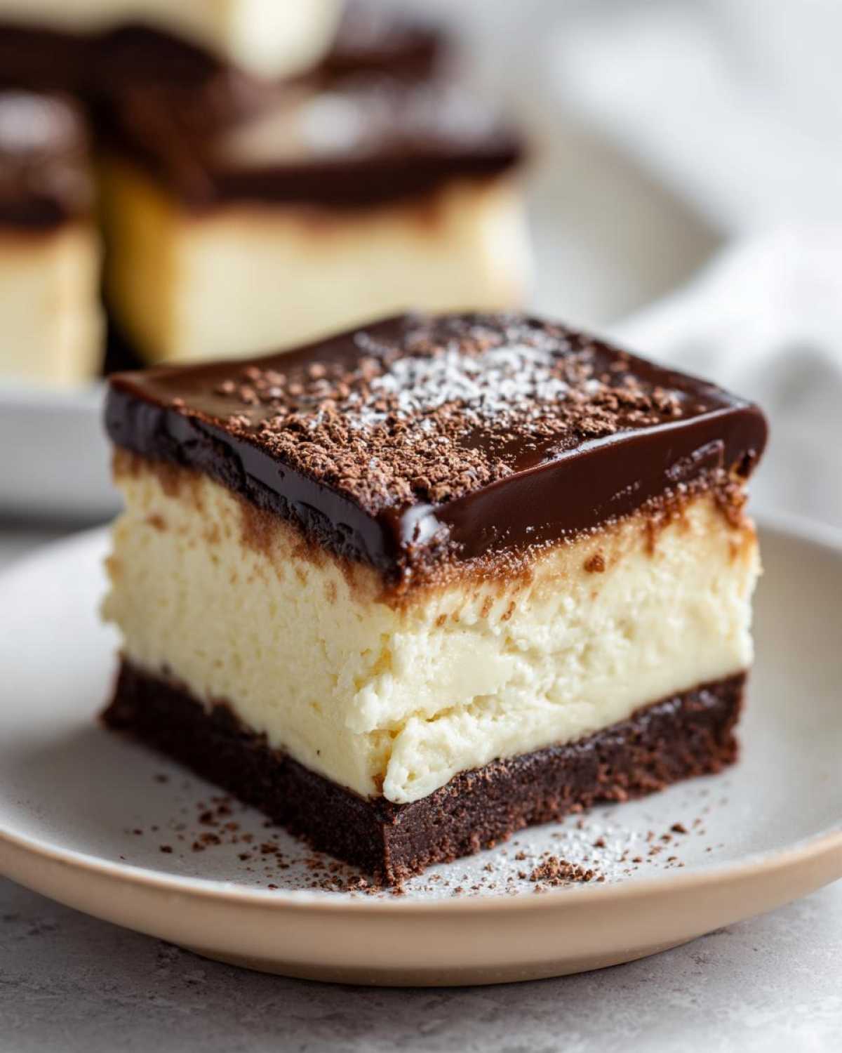 A delicious slice of Boston Cream Pie Fudge with a chocolate ganache topping and creamy filling.
