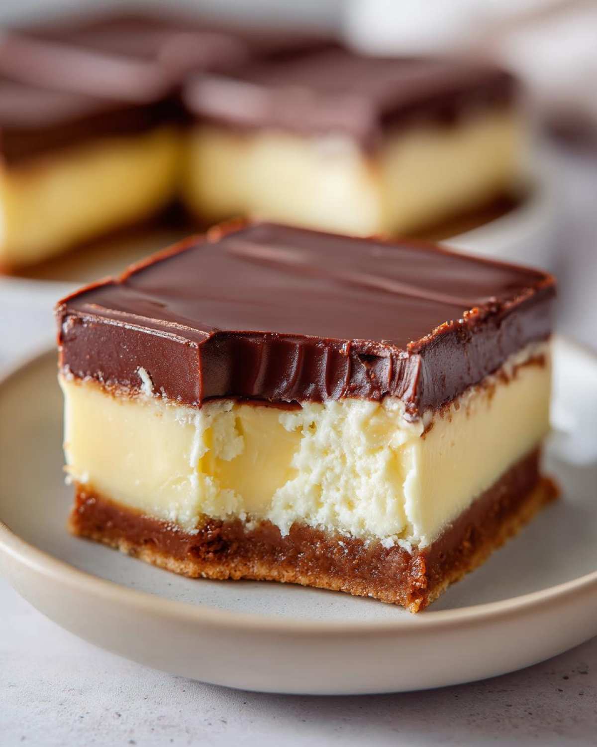 A close-up of a decadent Boston Cream Pie Fudge slice, showcasing its three layers: chocolate crust, creamy vanilla filling, and rich chocolate glaze.