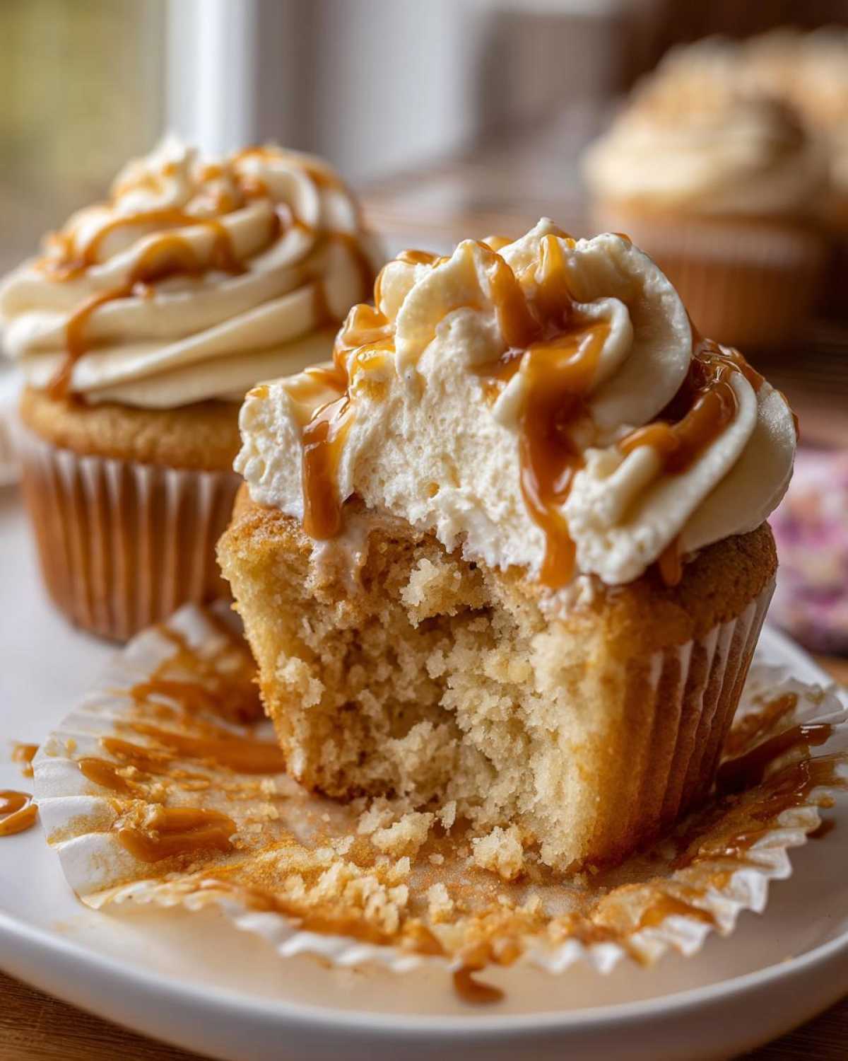 A close-up of a delicious Butterbeer cupcake with creamy frosting and caramel drizzle, partially eaten.