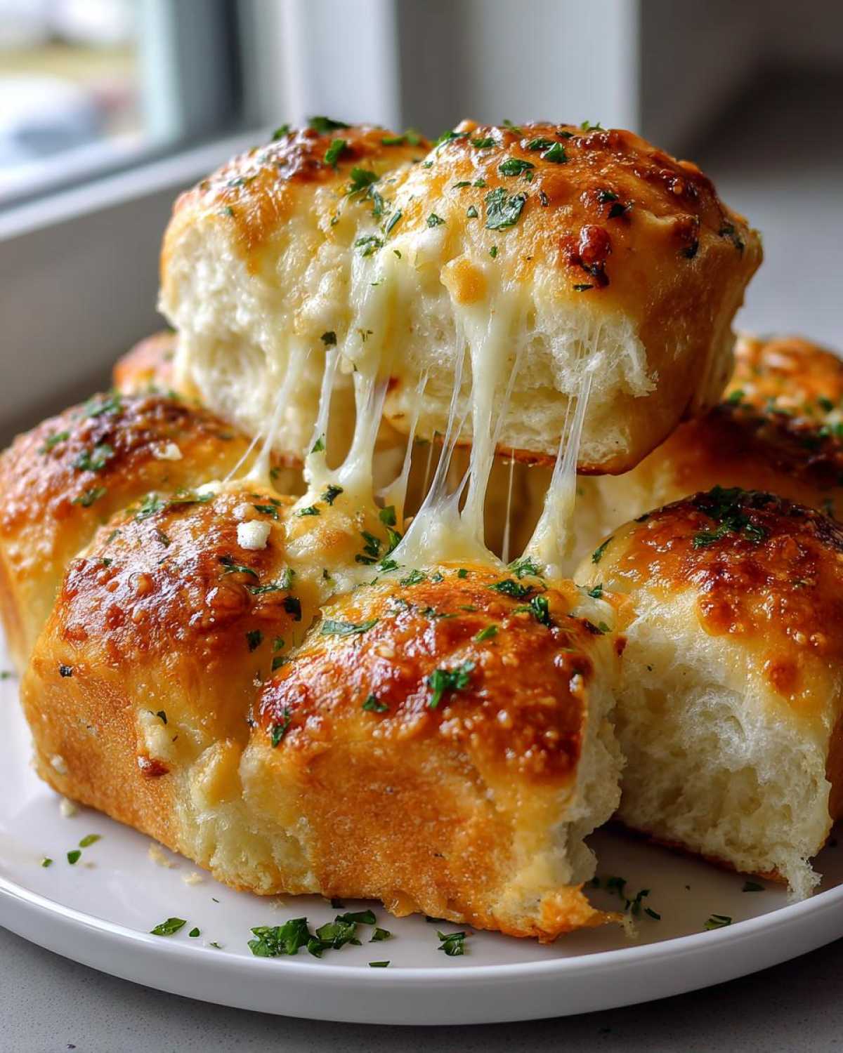 A stack of golden-brown Buttery Cheese Garlic Rolls with melted cheese stretching between them, sprinkled with fresh parsley.