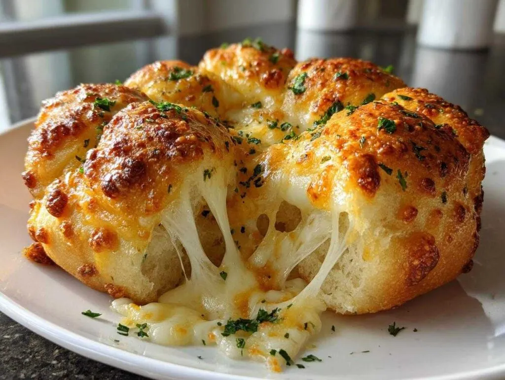 Close-up of golden brown, baked buttery cheese garlic rolls with melted cheese oozing out, sprinkled with parsley.