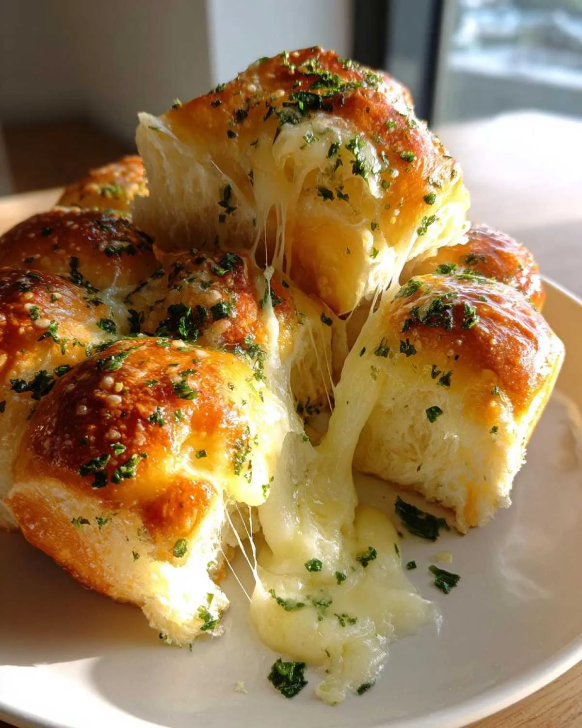 A stack of golden-brown buttery cheese garlic rolls with strings of melted cheese pulling apart.