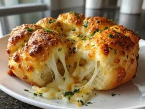 Close-up of golden brown, baked buttery cheese garlic rolls with melted cheese oozing out, sprinkled with parsley.