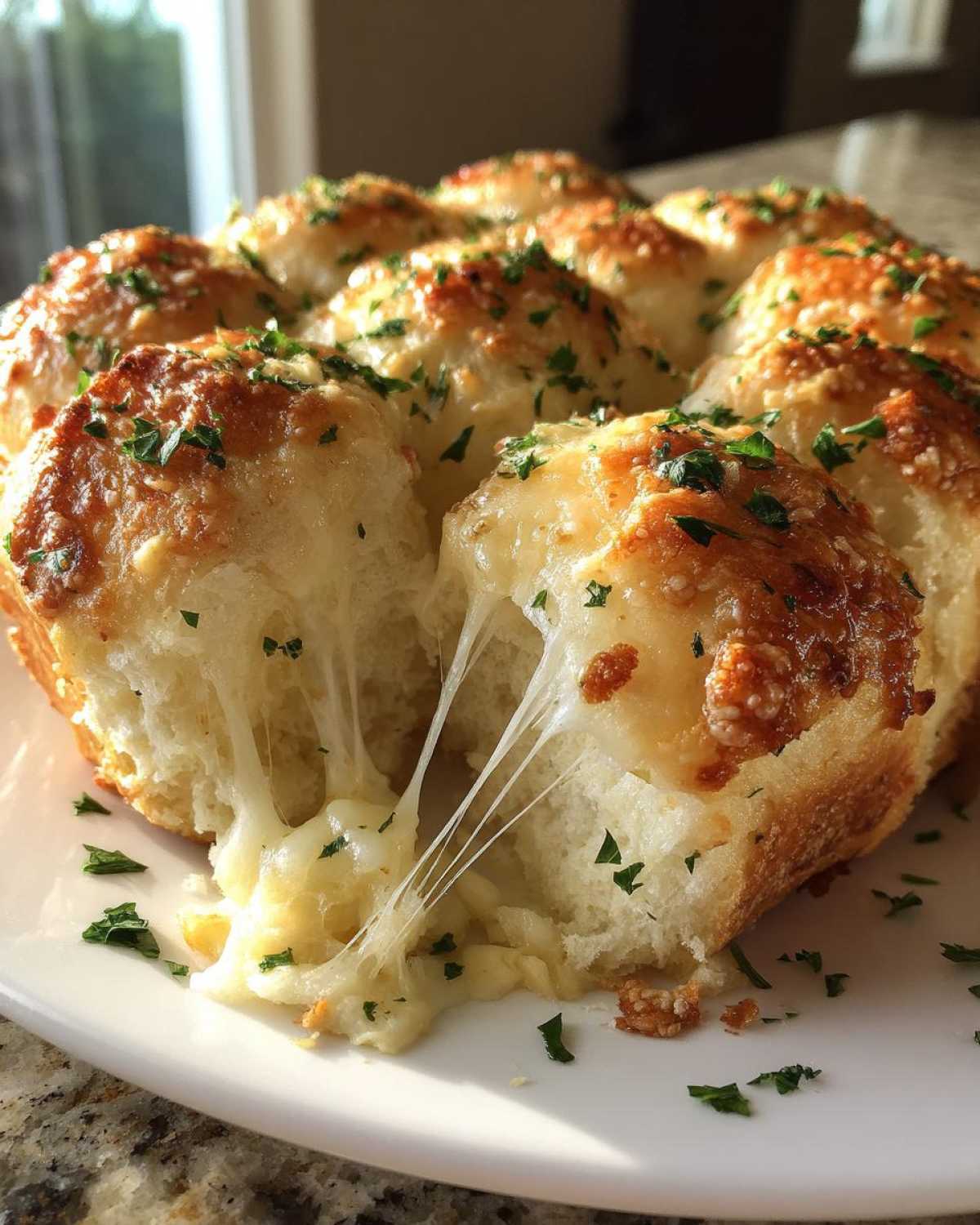 A close-up of buttery cheese garlic rolls, with melted cheese stretching out from a broken roll.
