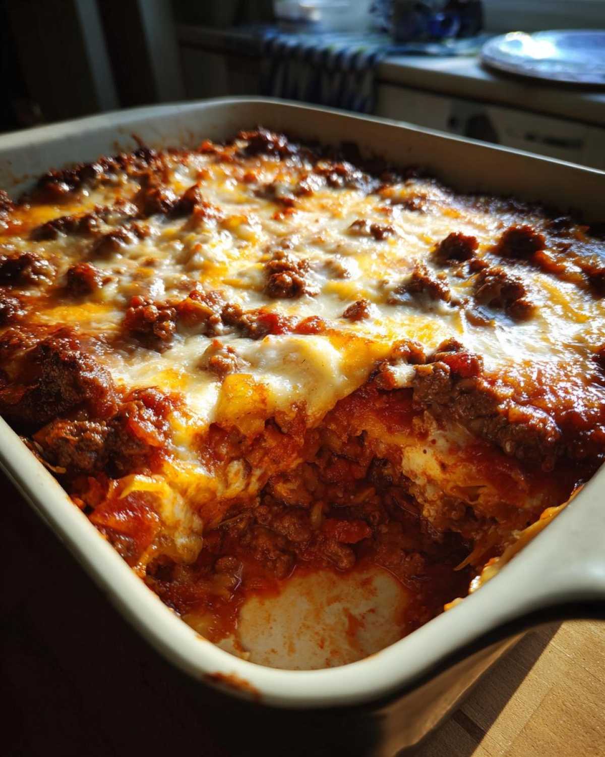 A close-up of a freshly baked cabbage beef bake in a casserole dish, showing layers of meat, sauce, and melted cheese.