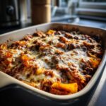 Close-up of a freshly baked cabbage beef bake in a casserole dish, topped with melted cheese and herbs.