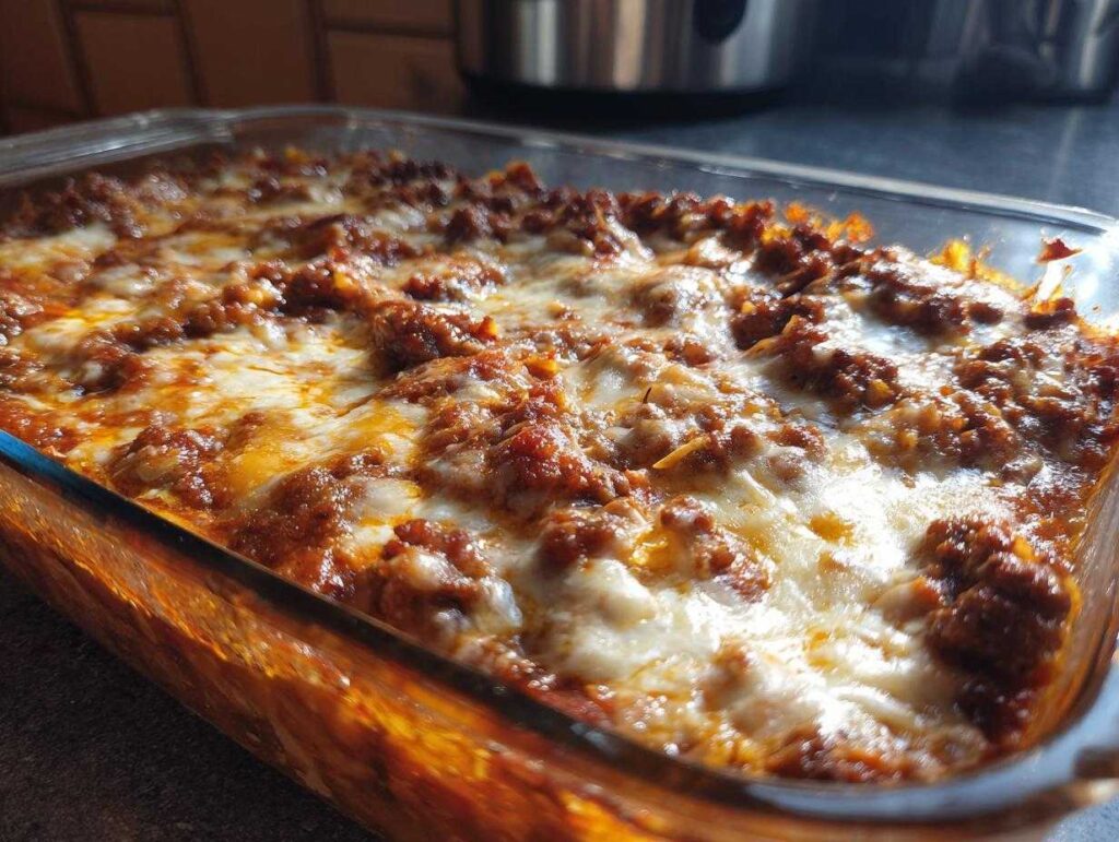 Close-up of a bubbling cabbage beef bake in a glass dish, topped with melted cheese.