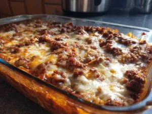 Close-up of a bubbling cabbage beef bake in a glass dish, topped with melted cheese.