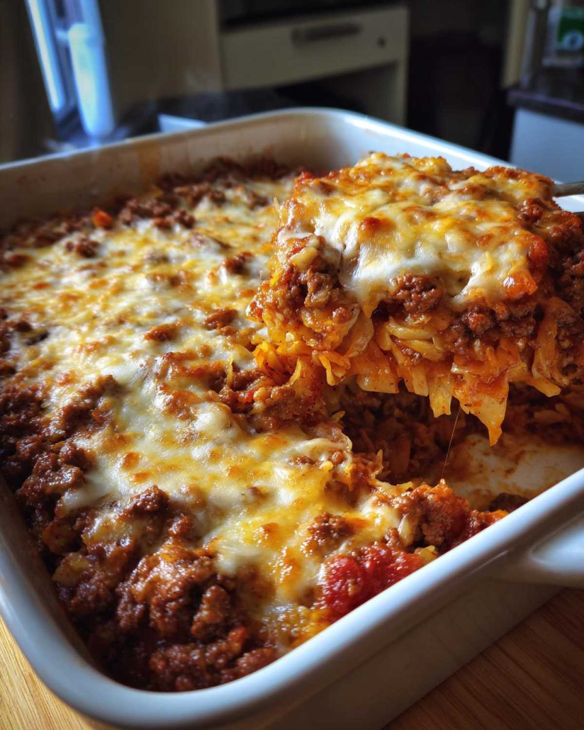 A serving spoon lifts a cheesy portion of cabbage beef bake from a white baking dish.