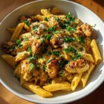 A close-up of a white bowl filled with creamy Cajun ranch chicken pasta, garnished with fresh parsley and grated cheese.