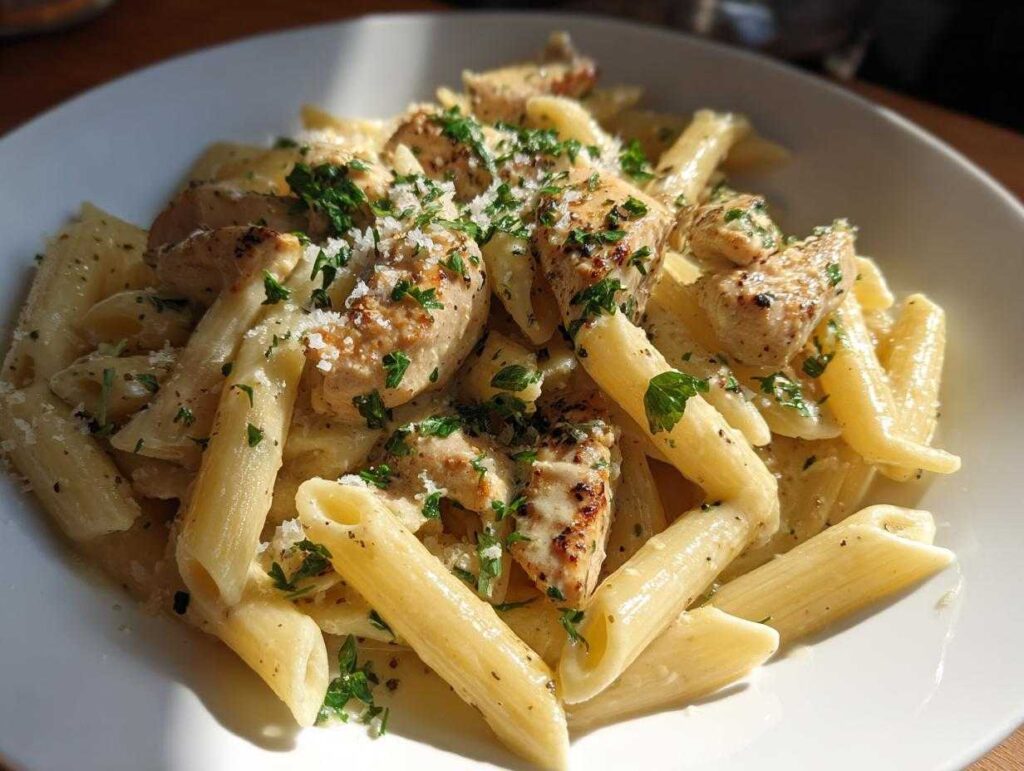 A close-up of creamy cajun ranch chicken pasta with penne noodles, grilled chicken pieces, and fresh parsley.