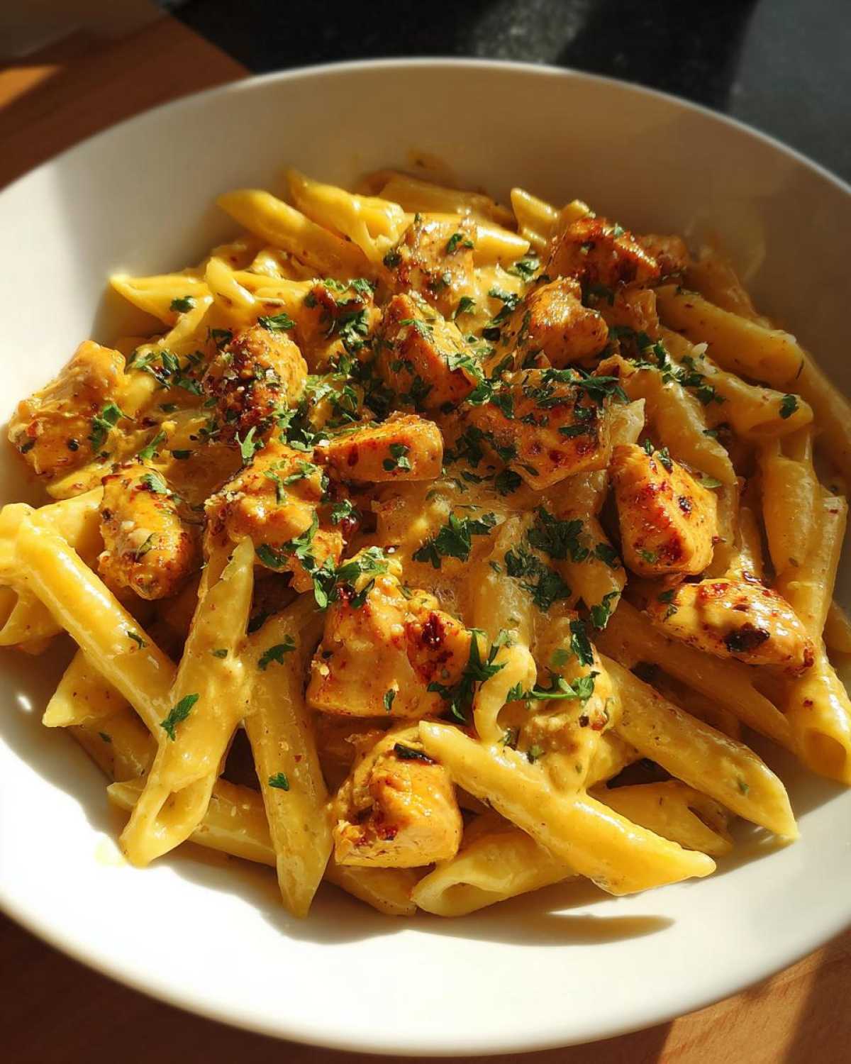 A close-up of creamy Cajun ranch chicken pasta, featuring penne pasta, seasoned chicken pieces, and fresh parsley.