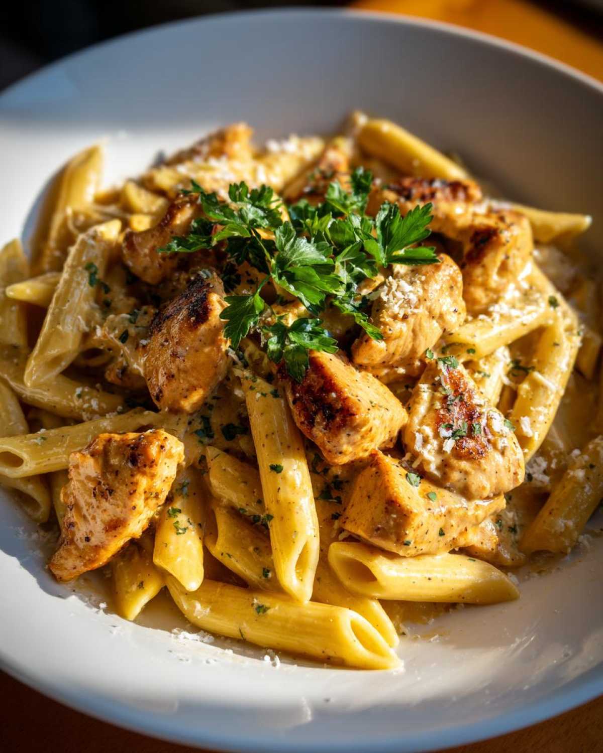 A close-up of creamy Cajun ranch chicken pasta, featuring penne pasta, seasoned chicken pieces, and fresh parsley garnish.