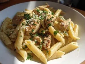 A close-up of creamy cajun ranch chicken pasta with penne noodles, grilled chicken pieces, and fresh parsley.